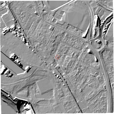 Shaded relief map of the ground around BS119JU, computed from Environment Agency LiDAR. The ground here sits at about 7 m above sea level and falls 20 m across the surrounding 800 m. Surface water reaching this point runs off ground lying to the south, 3.9 m higher.