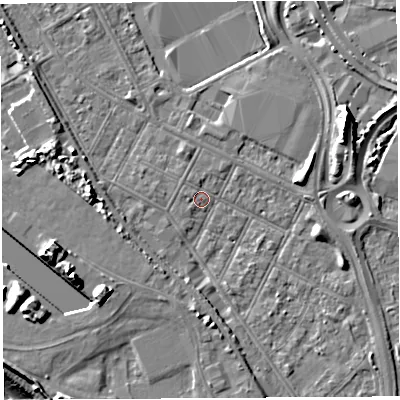 Shaded relief map of the ground around BS119JW, computed from Environment Agency LiDAR. The ground here sits at about 8 m above sea level and falls 20 m across the surrounding 800 m. Surface water reaching this point runs off ground lying to the west, 5.3 m higher.
