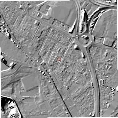 Shaded relief map of the ground around BS119JX, computed from Environment Agency LiDAR. The ground here sits at about 7 m above sea level and falls 20 m across the surrounding 800 m. Surface water reaching this point runs off ground lying to the south-west, 3.4 m higher.