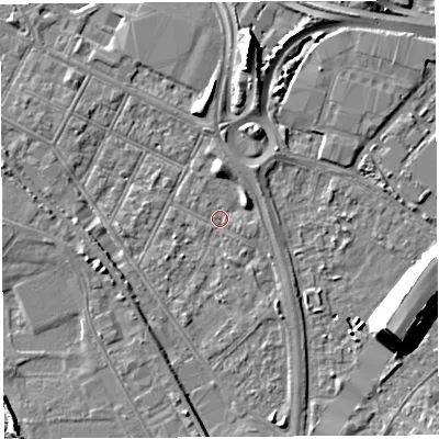 Shaded relief map of the ground around BS119JZ, computed from Environment Agency LiDAR. The ground here sits at about 7 m above sea level and falls 14 m across the surrounding 800 m. Surface water reaching this point runs off ground lying to the north, 3.3 m higher.