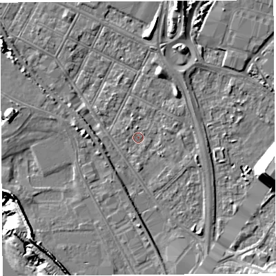 Shaded relief map of the ground around BS119LA, computed from Environment Agency LiDAR. The ground here sits at about 7 m above sea level and falls 25 m across the surrounding 800 m. Surface water reaching this point runs off ground lying to the north-north-east, 3.3 m higher.