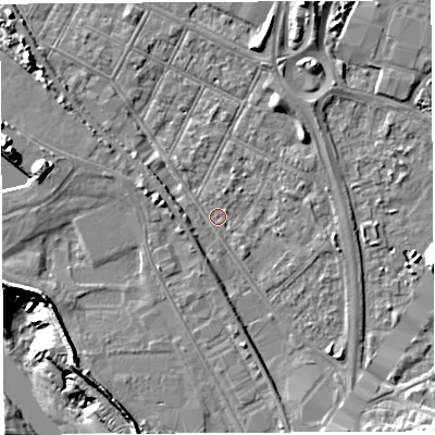 Shaded relief map of the ground around BS119LB, computed from Environment Agency LiDAR. The ground here sits at about 7 m above sea level and falls 20 m across the surrounding 800 m. Surface water reaching this point runs off ground lying to the south-south-east, 3.5 m higher.