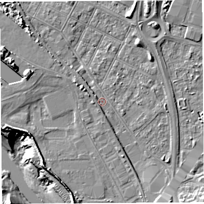Shaded relief map of the ground around BS119LD, computed from Environment Agency LiDAR. The ground here sits at about 8 m above sea level and falls 20 m across the surrounding 800 m. Surface water reaching this point runs off ground lying to the south-south-east, 3.9 m higher.