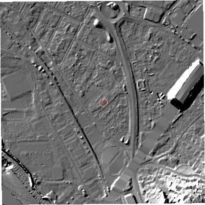 Shaded relief map of the ground around BS119LG, computed from Environment Agency LiDAR. The ground here sits at about 8 m above sea level and falls 34 m across the surrounding 800 m. Surface water reaching this point runs off ground lying to the south-south-east, 1.7 m higher.
