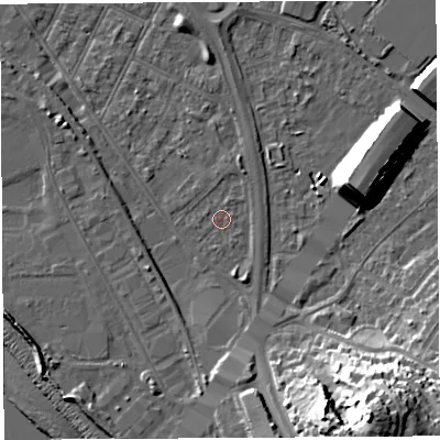 Shaded relief map of the ground around BS119LH, computed from Environment Agency LiDAR. The ground here sits at about 7 m above sea level and falls 35 m across the surrounding 800 m. Surface water reaching this point runs off ground lying to the south-south-east, 1.7 m higher.