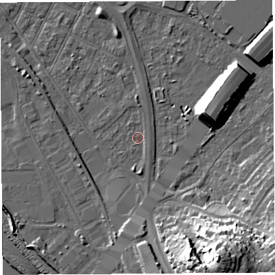 Shaded relief map of the ground around BS119LJ, computed from Environment Agency LiDAR. The ground here sits at about 7 m above sea level and falls 35 m across the surrounding 800 m. Surface water reaching this point runs off ground lying to the south, 1.7 m higher.