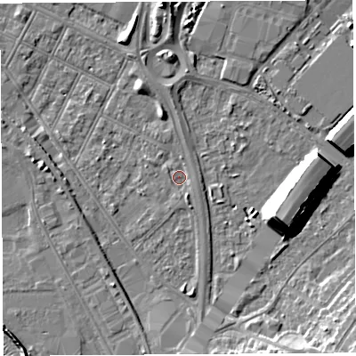 Shaded relief map of the ground around BS119LL, computed from Environment Agency LiDAR. The ground here sits at about 8 m above sea level and falls 15 m across the surrounding 800 m. Surface water reaching this point runs off ground lying to the north-north-west, 3.0 m higher.