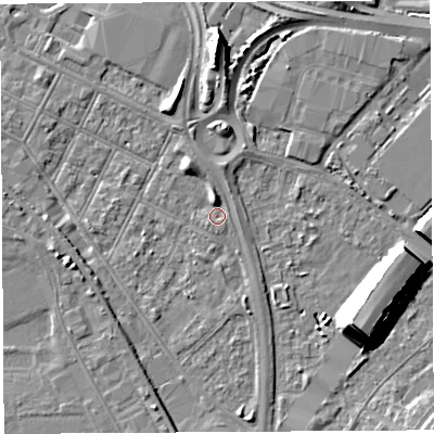 Shaded relief map of the ground around BS119LN, computed from Environment Agency LiDAR. The ground here sits at about 7 m above sea level and falls 13 m across the surrounding 800 m. Surface water reaching this point runs off ground lying to the north, 2.5 m higher.