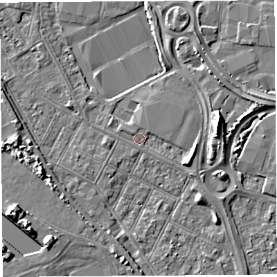 Shaded relief map of the ground around BS119LP, computed from Environment Agency LiDAR. The ground here sits at about 8 m above sea level and falls 9 m across the surrounding 800 m. Surface water reaching this point runs off ground lying to the east-south-east, 3.5 m higher.