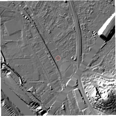 Shaded relief map of the ground around BS119LQ, computed from Environment Agency LiDAR. The ground here sits at about 8 m above sea level and falls 35 m across the surrounding 800 m. Surface water reaching this point runs off ground lying to the south-south-east, 8.2 m higher.
