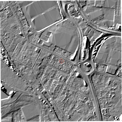 Shaded relief map of the ground around BS119LW, computed from Environment Agency LiDAR. The ground here sits at about 7 m above sea level and falls 9 m across the surrounding 800 m. Surface water reaching this point runs off ground lying to the east-north-east, 0.9 m higher.