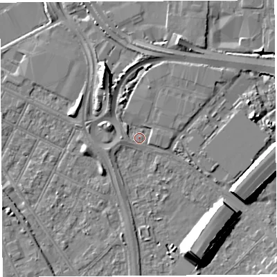 Shaded relief map of the ground around BS119NA, computed from Environment Agency LiDAR. The ground here sits at about 7 m above sea level and falls 15 m across the surrounding 800 m. Surface water reaching this point runs off ground lying to the west, 1.3 m higher.