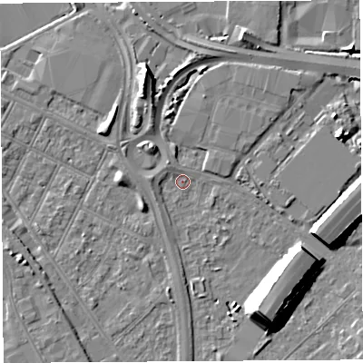 Shaded relief map of the ground around BS119NB, computed from Environment Agency LiDAR. The ground here sits at about 7 m above sea level and falls 15 m across the surrounding 800 m. Surface water reaching this point runs off ground lying to the west, 1.9 m higher.