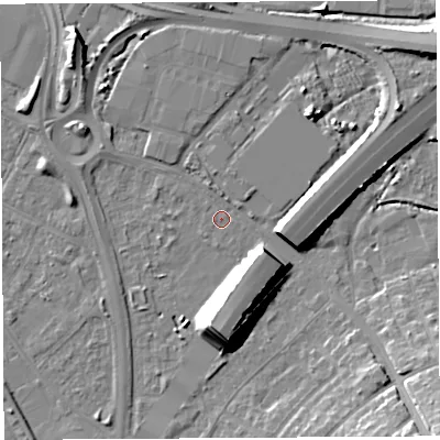 Shaded relief map of the ground around BS119ND, computed from Environment Agency LiDAR. The ground here sits at about 7 m above sea level and falls 15 m across the surrounding 800 m. Surface water reaching this point runs off ground lying to the south, 13.1 m higher.