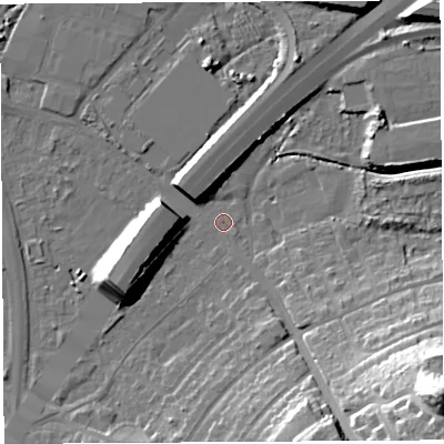 Shaded relief map of the ground around BS119NE, computed from Environment Agency LiDAR. The ground here sits at about 7 m above sea level and falls 44 m across the surrounding 800 m. Surface water reaching this point runs off ground lying to the south-east, 39.5 m higher.