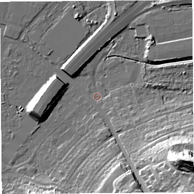 Shaded relief map of the ground around BS119NF, computed from Environment Agency LiDAR. The ground here sits at about 7 m above sea level and falls 55 m across the surrounding 800 m. Surface water reaching this point runs off ground lying to the south-east, 42.4 m higher.