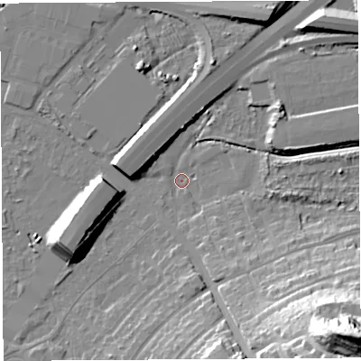 Shaded relief map of the ground around BS119NG, computed from Environment Agency LiDAR. The ground here sits at about 6 m above sea level and falls 56 m across the surrounding 800 m. Surface water reaching this point runs off ground lying to the south-east, 45.1 m higher.