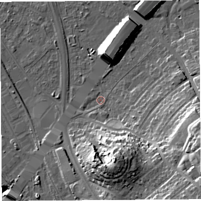 Shaded relief map of the ground around BS119NH, computed from Environment Agency LiDAR. The ground here sits at about 8 m above sea level and falls 33 m across the surrounding 800 m. Surface water reaching this point runs off ground lying to the south-south-east, 21.4 m higher.