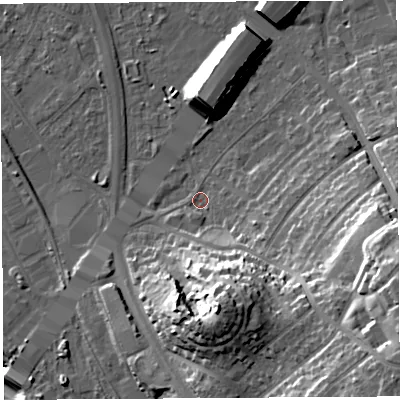 Shaded relief map of the ground around BS119NJ, computed from Environment Agency LiDAR. The ground here sits at about 8 m above sea level and falls 32 m across the surrounding 800 m. Surface water reaching this point runs off ground lying to the south-south-east, 21.4 m higher.