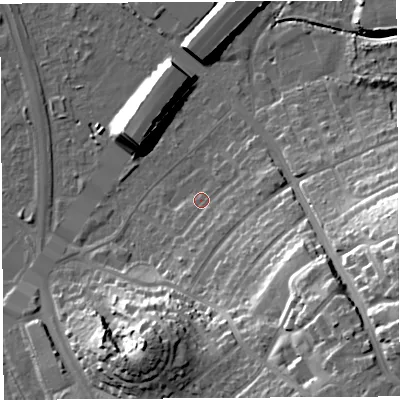 Shaded relief map of the ground around BS119NN, computed from Environment Agency LiDAR. The ground here sits at about 8 m above sea level and falls 31 m across the surrounding 800 m. Surface water reaching this point runs off ground lying to the south-south-east, 3.5 m higher.