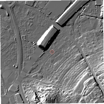 Shaded relief map of the ground around BS119NQ, computed from Environment Agency LiDAR. The ground here sits at about 8 m above sea level and falls 28 m across the surrounding 800 m. Surface water reaching this point runs off ground lying to the south-east, 25.4 m higher.