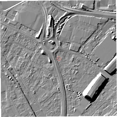 Shaded relief map of the ground around BS119NT, computed from Environment Agency LiDAR. The ground here sits at about 7 m above sea level and falls 14 m across the surrounding 800 m. Surface water reaching this point runs off ground lying to the north-west, 1.9 m higher.
