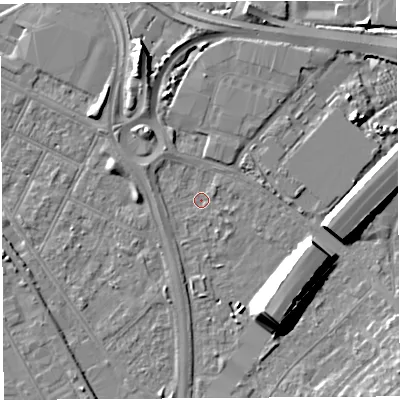 Shaded relief map of the ground around BS119NU, computed from Environment Agency LiDAR. The ground here sits at about 7 m above sea level and falls 15 m across the surrounding 800 m. Surface water reaching this point runs off ground lying to the west-north-west, 1.9 m higher.