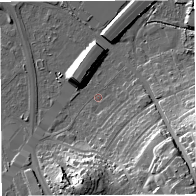 Shaded relief map of the ground around BS119NW, computed from Environment Agency LiDAR. The ground here sits at about 8 m above sea level and falls 28 m across the surrounding 800 m. Surface water reaching this point runs off ground lying to the south-east, 25.6 m higher.