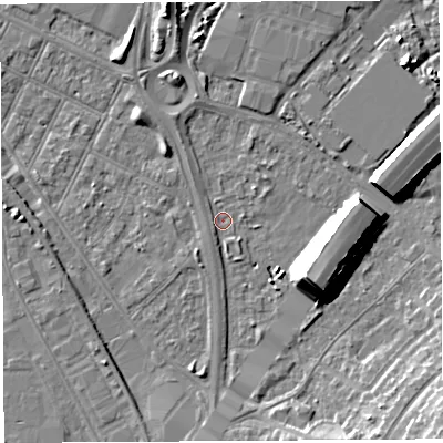 Shaded relief map of the ground around BS119NX, computed from Environment Agency LiDAR. The ground here sits at about 7 m above sea level and falls 14 m across the surrounding 800 m. Surface water reaching this point runs off ground lying to the south-east, 13.1 m higher.