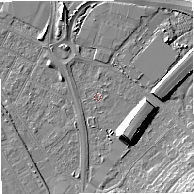 Shaded relief map of the ground around BS119NY, computed from Environment Agency LiDAR. The ground here sits at about 7 m above sea level and falls 15 m across the surrounding 800 m. Surface water reaching this point runs off ground lying to the north-west, 1.9 m higher.