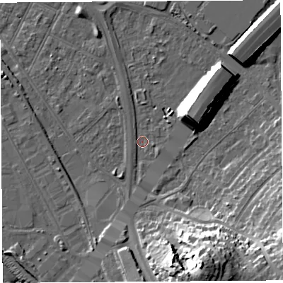 Shaded relief map of the ground around BS119NZ, computed from Environment Agency LiDAR. The ground here sits at about 7 m above sea level and falls 32 m across the surrounding 800 m. Surface water reaching this point runs off ground lying to the south-south-east, 23.8 m higher.