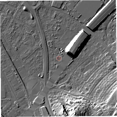 Shaded relief map of the ground around BS119PA, computed from Environment Agency LiDAR. The ground here sits at about 7 m above sea level and falls 25 m across the surrounding 800 m. Surface water reaching this point runs off ground lying to the east-north-east, 13.1 m higher.