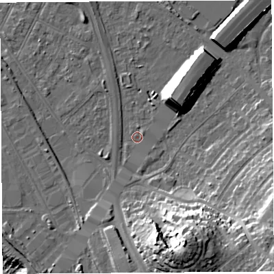 Shaded relief map of the ground around BS119PB, computed from Environment Agency LiDAR. The ground here sits at about 7 m above sea level and falls 34 m across the surrounding 800 m. Surface water reaching this point runs off ground lying to the north-east, 13.1 m higher.