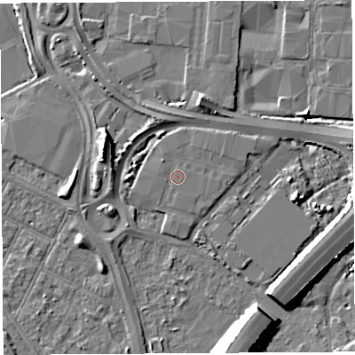 Shaded relief map of the ground around BS119QD, computed from Environment Agency LiDAR. The ground here sits at about 8 m above sea level and falls 14 m across the surrounding 800 m. Surface water reaching this point runs off ground lying to the north-west, 0.7 m higher.