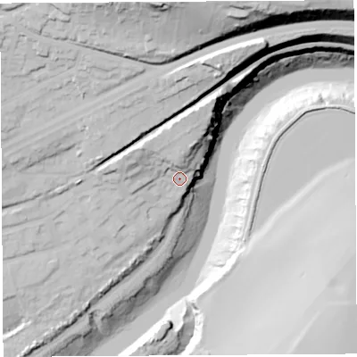 Shaded relief map of the ground around BS119RF, computed from Environment Agency LiDAR. The ground here sits at about 15 m above sea level and falls 68 m across the surrounding 800 m. Surface water reaching this point runs off ground lying to the north, 12.3 m higher.