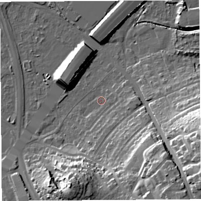 Shaded relief map of the ground around BS119RJ, computed from Environment Agency LiDAR. The ground here sits at about 8 m above sea level and falls 32 m across the surrounding 800 m. Surface water reaching this point runs off ground lying to the south-east, 25.2 m higher.