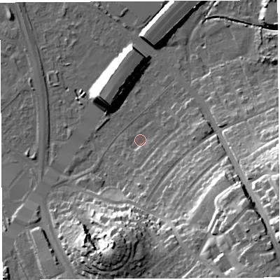 Shaded relief map of the ground around BS119RL, computed from Environment Agency LiDAR. The ground here sits at about 8 m above sea level and falls 29 m across the surrounding 800 m. Surface water reaching this point runs off ground lying to the south-east, 25.4 m higher.