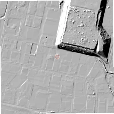 Shaded relief map of the ground around BS119TP, computed from Environment Agency LiDAR. The ground here sits at about 8 m above sea level and falls 23 m across the surrounding 800 m. Surface water reaching this point runs off ground lying to the west, 1.0 m higher.