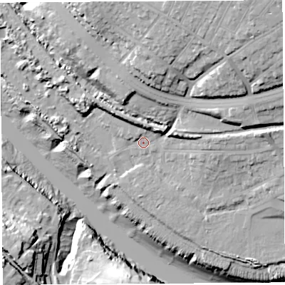 Shaded relief map of the ground around BS119XA, computed from Environment Agency LiDAR. The ground here sits at about 9 m above sea level and falls 38 m across the surrounding 800 m. Surface water reaching this point runs off ground lying to the north-east, 24.2 m higher.
