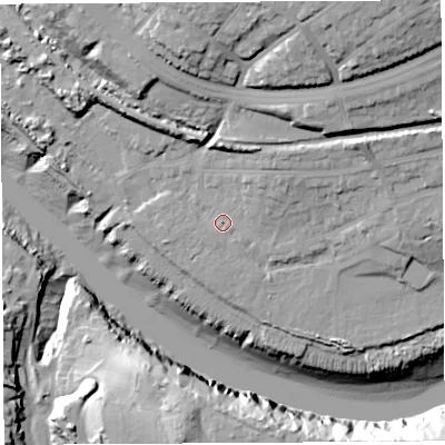 Shaded relief map of the ground around BS119XR, computed from Environment Agency LiDAR. The ground here sits at about 9 m above sea level and falls 36 m across the surrounding 800 m. Surface water reaching this point runs off ground lying to the east-north-east, 12.3 m higher.