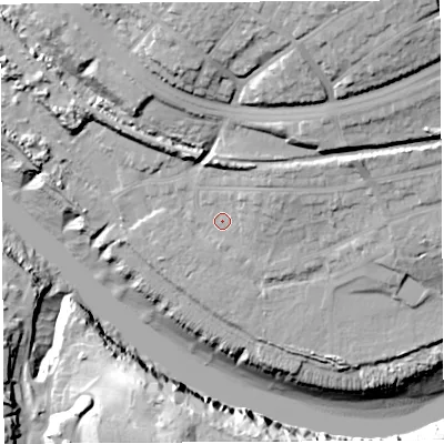 Shaded relief map of the ground around BS119XS, computed from Environment Agency LiDAR. The ground here sits at about 10 m above sea level and falls 37 m across the surrounding 800 m. Surface water reaching this point runs off ground lying to the east-north-east, 11.7 m higher.