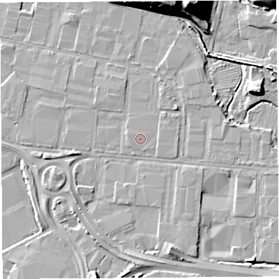 Shaded relief map of the ground around BS119YA, computed from Environment Agency LiDAR. The ground here sits at about 8 m above sea level and falls 22 m across the surrounding 800 m. Surface water reaching this point runs off ground lying to the west-north-west, 0.6 m higher.