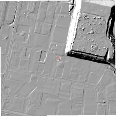 Shaded relief map of the ground around BS119YE, computed from Environment Agency LiDAR. The ground here sits at about 7 m above sea level and falls 23 m across the surrounding 800 m. Surface water reaching this point runs off ground lying to the east-north-east, 15.4 m higher.
