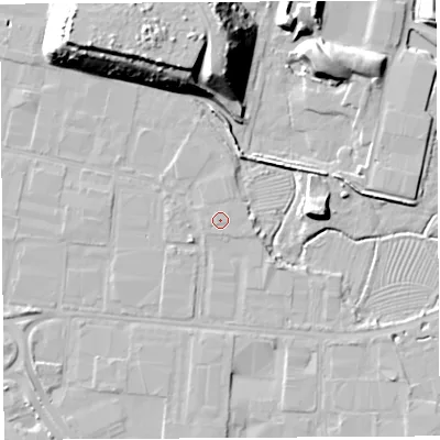 Shaded relief map of the ground around BS119YH, computed from Environment Agency LiDAR. The ground here sits at about 8 m above sea level and falls 22 m across the surrounding 800 m. The ground contributing surface water to this point lies to the south-west.
