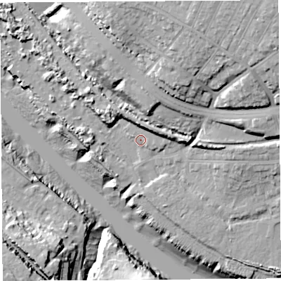 Shaded relief map of the ground around BS119YN, computed from Environment Agency LiDAR. The ground here sits at about 9 m above sea level and falls 38 m across the surrounding 800 m. Surface water reaching this point runs off ground lying to the north-east, 25.7 m higher.