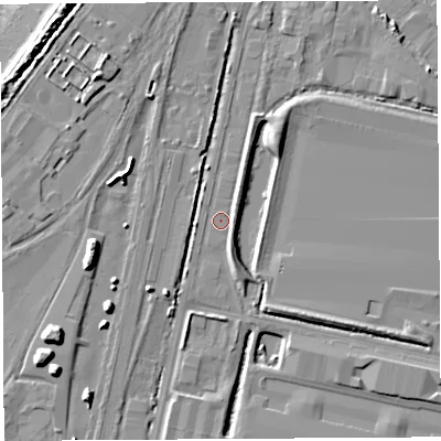 Shaded relief map of the ground around BS119YQ, computed from Environment Agency LiDAR. The ground here sits at about 7 m above sea level and falls 9 m across the surrounding 800 m. Surface water reaching this point runs off ground lying to the north-north-east, 2.2 m higher.