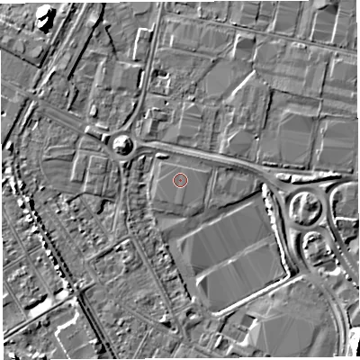 Shaded relief map of the ground around BS119YR, computed from Environment Agency LiDAR. The ground here sits at about 8 m above sea level and falls 11 m across the surrounding 800 m. The ground contributing surface water to this point lies to the south.