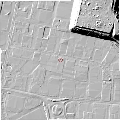 Shaded relief map of the ground around BS119YS, computed from Environment Agency LiDAR. The ground here sits at about 8 m above sea level and falls 23 m across the surrounding 800 m. Surface water reaching this point runs off ground lying to the north-north-east, 21.2 m higher.