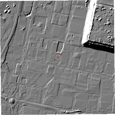 Shaded relief map of the ground around BS119ZG, computed from Environment Agency LiDAR. The ground here sits at about 7 m above sea level and falls 23 m across the surrounding 800 m. Surface water reaching this point runs off ground lying to the west-north-west, 0.6 m higher.