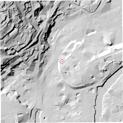 Shaded relief map of the ground around BS11DB, computed from Environment Agency LiDAR. The ground here sits at about 11 m above sea level and falls 74 m across the surrounding 800 m. Surface water reaching this point runs off ground lying to the east-south-east, 8.3 m higher.